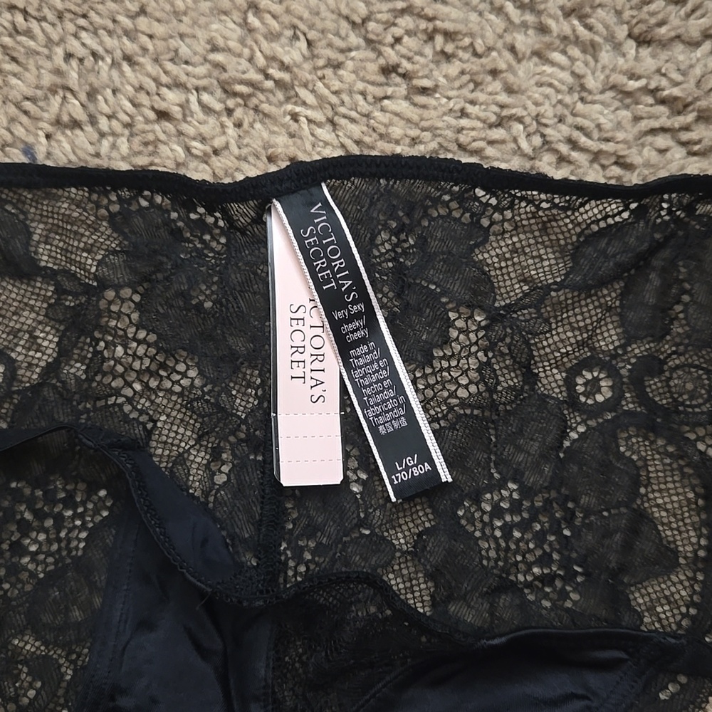 Victoria's Secret Very Sexy Black Satin Lace V-Front String Cheeky New With Tag - Picture 8 of 12